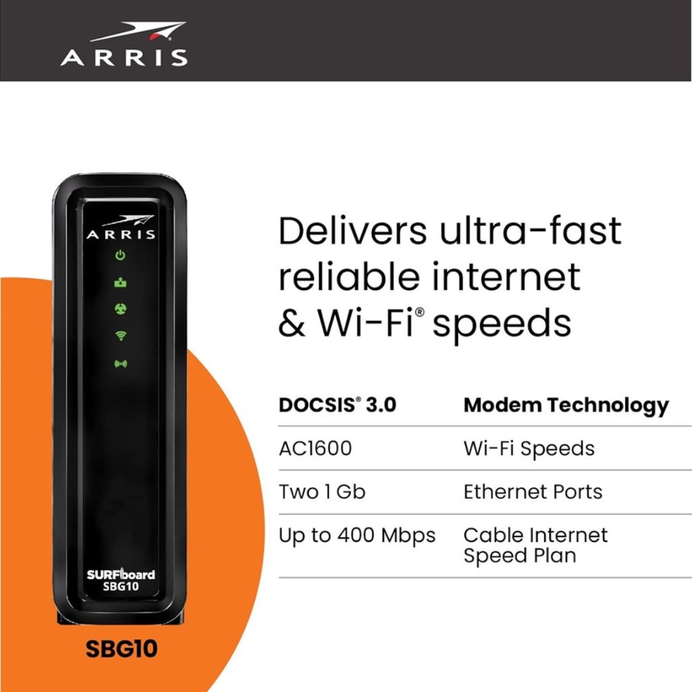 New ARRIS Surfboard SBG10 DOCSIS 3 16 x 4 Gigabit Cable Modem & AC1600 Wi-Fi Rou